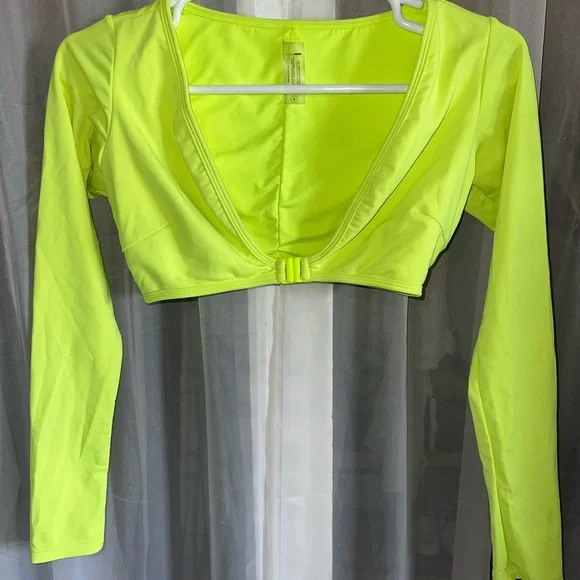 Neon Yellow Long Sleeve Swim Crop Top - Picture 1 of 2
